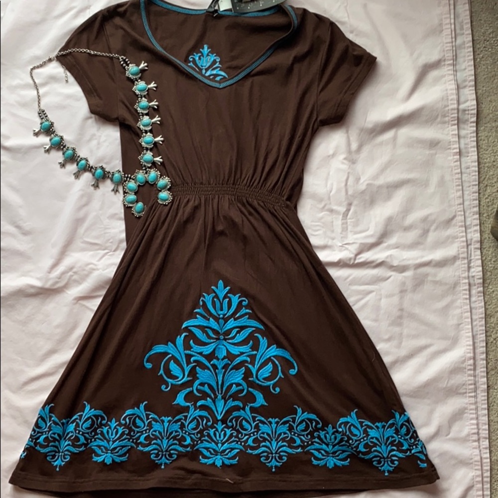 RU CAVENDERS BROWN AND TURQUOISE DRESS